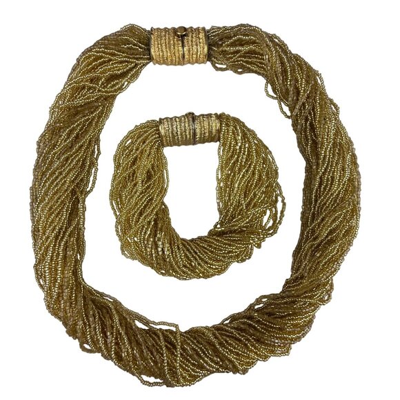 Gold Tone Multistrand Seed Bead Womens Collar Necklace & Bracelet Vintage Set - Picture 4 of 7